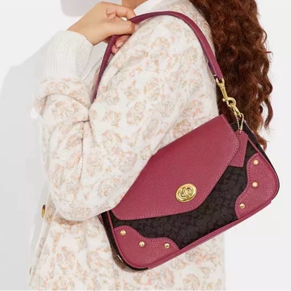 Like NEW COACH Millie Shoulder Bag Signature Leather Elegant Pink Dark Berry - Picture 2 of 16